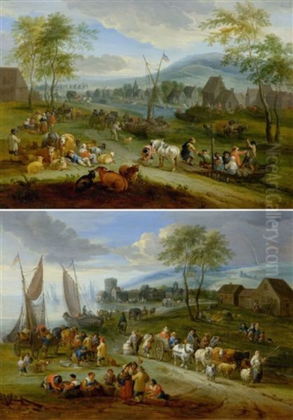Pair Of Works: Lively River Landscape With Figures/coastal Landscape With A Fish Market - view 1