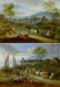 Pair Of Works: Lively River Landscape With Figures/coastal Landscape With A Fish Market by Theobald Michau