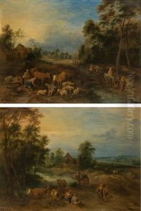 Landscape With Peasants & Landscape With Travellers And Cattle (counterparts) by Theobald Michau