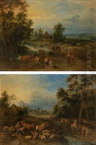 Landscape With Peasants & Landscape With Travellers And Cattle (counterparts) by Theobald Michau