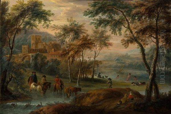 Cavaliers Faisant Boire Leurs Chevaux Avec Des Baigneuses - view 1