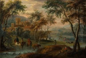 Cavaliers Faisant Boire Leurs Chevaux Avec Des Baigneuses