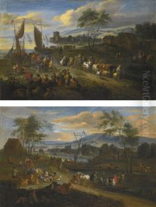 A Coastal Village Landscape With Pilgrims, Villagers And Fishermen; A River Landscape With Figures Embarking On A Ferry, Herdsmen With Their Flock, A Village Beyond by Theobald Michau