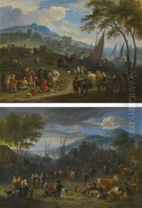 Figures In A Mountainous River Landscape With Cattle, Goats And Sheep; Figures In A Mountainous River Landscape With Horses And Carts