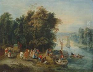 A Wooded River Landscape With Travellers On A River Bank And Figures In Boats