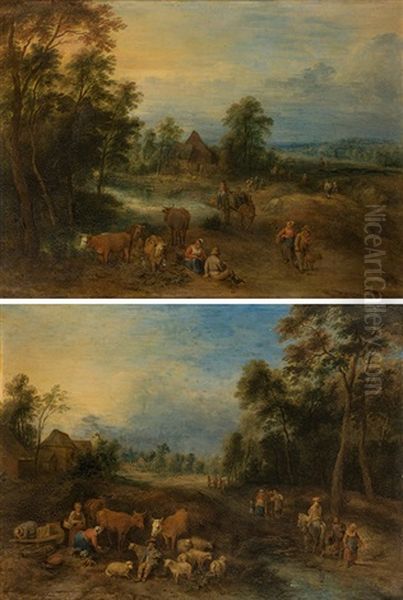 Landscape With Peasants & Landscape With Travellers And Cattle (a Pair) - view 1