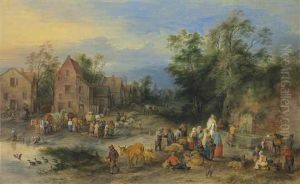 A Village Landscape With Figures At A Market By A Pond, A Church Beyond