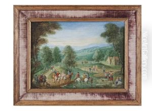 Two Groups Of Riders Meeting At A Fod, Wooded Pastoral Landscape With Farm Buildings And Villagers by Theobald Michau