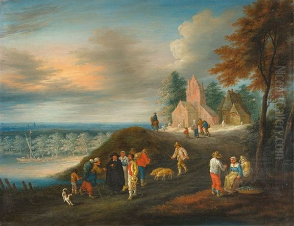 Hugelige Landschaft Mit Kirchgangern Im Abendrot - view 1