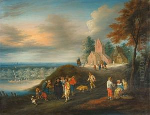 Hugelige Landschaft Mit Kirchgangern Im Abendrot Hugelige Landschaft Mit Kirchgangern Im Abendrot