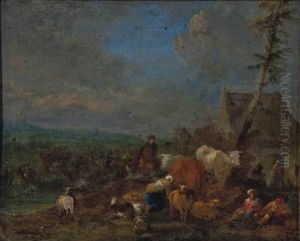 Peasants And Their Herd At Rest Before A Cottage by Theobald Michau