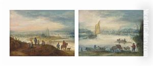 An Extensive Landscape With Travellers On A Track, A Church And Town Beyond; And An Extensive River Landscape With A Herdsman Watering His Animals And Figures In Boats (pair) by Theobald Michau