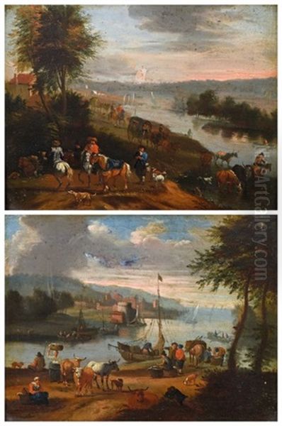 Cavaliers Et Paysans En Bordure De Riviere (pair) - view 1