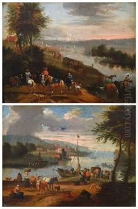 Cavaliers Et Paysans En Bordure De Riviere (pair)