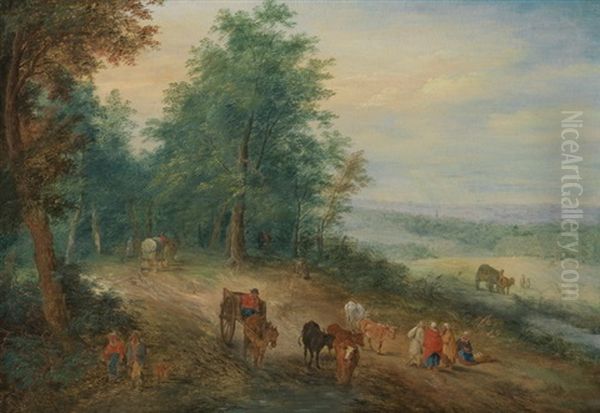 Waldweg Mit Bauern In Karren Und Bauern Mit Vieh - view 1