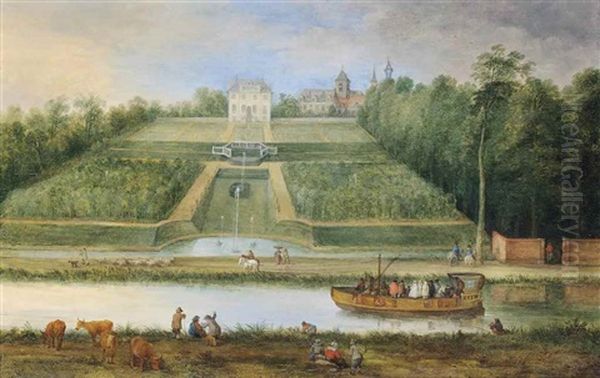 A River Landscape With A Ferry, Fountains And A Villa With Garden - view 1
