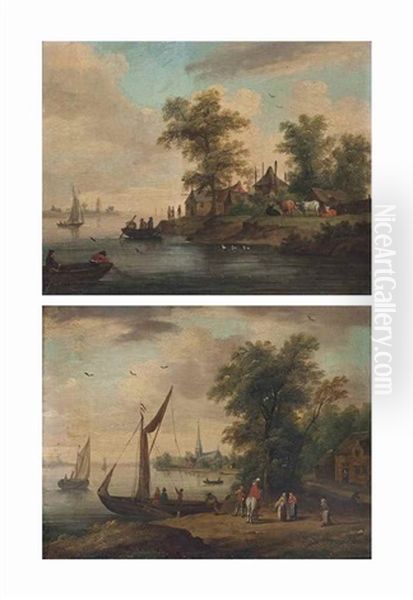 Figures Beside A Riverbank With A Boat Preparing To Set Sail, A Village Beyond; And An Estuary Scene With A Fishing Boat Drawing Its Nets, A Village On The Shore Beyond With Cattle Grazing (pair) - view 1
