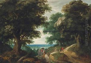 A Wooded Landscape With A Horse-drawn Wagon And Travellers On A Path by Theobald Michau