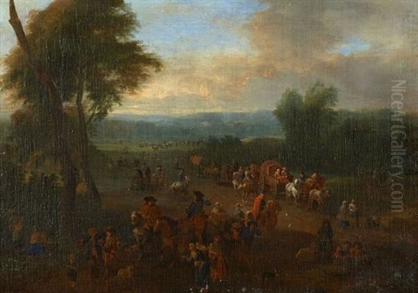 Une Route De Campagne Animee De Nombreux Personnages, Cavaliers Et De Chariots - view 1