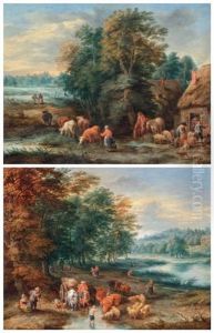 Le Depart De La Ferme Et Troupeaux S'abreuvant Dans Un Paysage Anime (pair) by Theobald Michau
