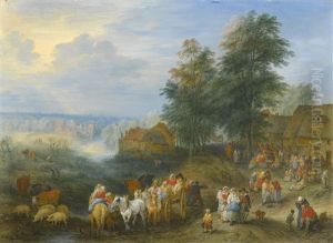 Travellers And Their Herds Departing From A Village And Travellers Unpacking Their Carts And Entering A Village (pair) by Theobald Michau