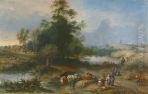 Landscape With Drovers Watering Cattle by Theobald Michau