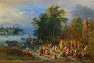 Flusslandschaft Mit Dorffest
