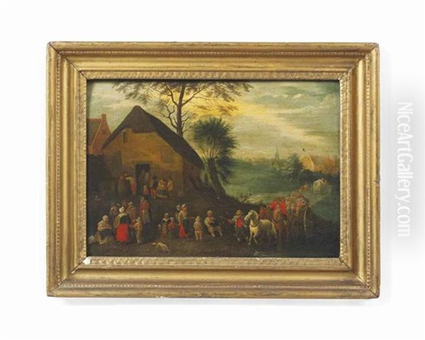 A Village Landscape With Peasants Conversing In Front Of A Tavern And Travellers On A Track - view 1