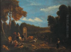 Patres Et Leur Troupeau A La Fontaine by Theobald Michau
