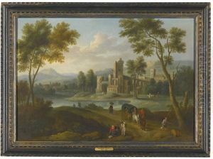 Travellers In A Cart, A Farmer With His Pigs, And Other Country Folk On A Road By A Castle Town