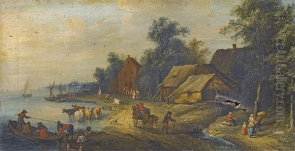 River Landscape With Villagers On The Bank - view 1