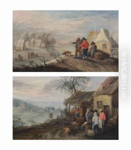 Winter: A Landscape With Several Figures On A Frozen River By A Village; Autumn: A Hilly Landscape With Figures Making Wine (pair) by Theobald Michau