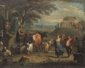 A Landscape With A Dancing Peasant Couple And Cattle, Classical Ruins Beyond by Theobald Michau