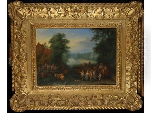 A Village Scene With Peasants Merrymaking And Cattle Watering Beside Buildings, A Woodland Landscape Beyond