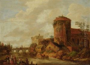 Stadt Am Fluss Mit Figurenstaffage