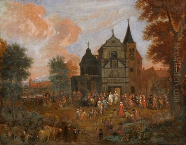 Sonntagliches Treiben Vor Einer Kirche - view 1