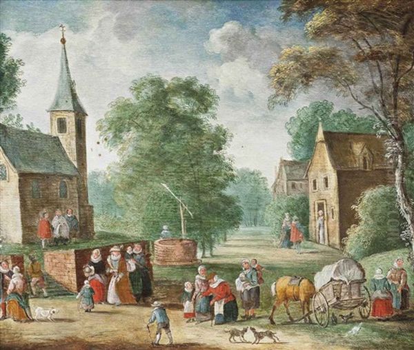 A Village Landscape With Elegant Company And Peasants On A Track, A Church, A Well And Houses Beyond - view 1