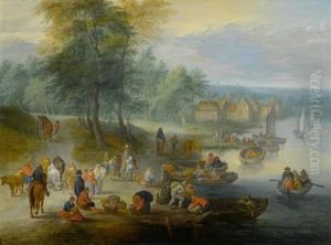 Weite Landschaft Mit Bauersleut (+ Flusslandschaft Mit Reisenden Und Bauersleut; Pair) by Theobald Michau