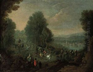 A Wooded River Landscape With Travelers On A Track, A Village Beyond A Wooded River Landscape With Travelers On A Track, A Village Beyond