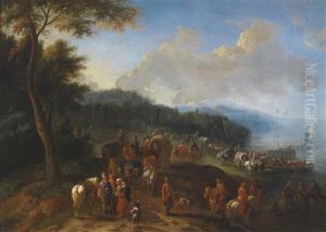 Kustenlandschaft Mit Zahlreichen Personen Mit Pferdefuhrwerken Beim Entladen Von Schiffen