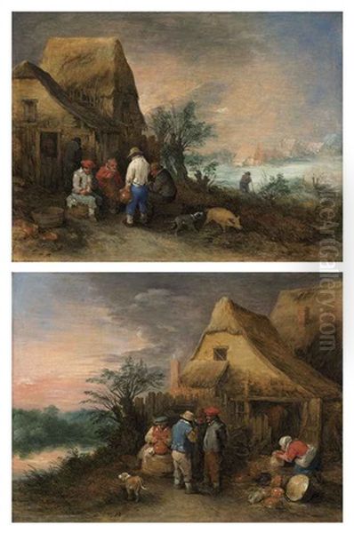 Peasants Drinking Outside A Farm Cottage (+ Peasants Drinking And A Woman Washing Dishes Outside A Farm Cottage; Pair) - view 1