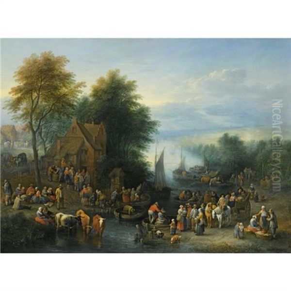 A River Landscape With Figures By A Ferry, Other Figures Seated On The Banks Of The River, With Their Cattle In The Water - view 1