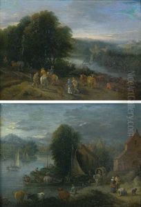 Paysages Fluviaux Animes De Promeneurs Et De Paysans (pair) Paysages Fluviaux Animes De Promeneurs Et De Paysans (pair)