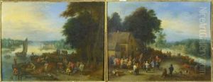 Fete Villageoise Pres De La Riviere (le Marche Aux Poissons; Pair) by Theobald Michau