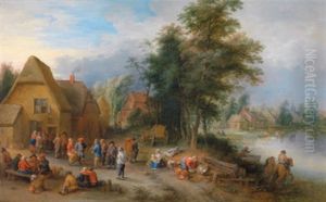 Feiernde Bauern Auf Einem Dorfplatz In Einer Bewaldeten Flusslandschaft