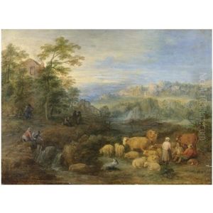 A Summer Landscape With Shepherds And Herdsmen Resting Their Sheep And Cattle By A Stream by Theobald Michau