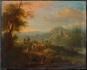 Flusslandschaft Mit Reisenden Und Kuhen Flusslandschaft Mit Reisenden Und Kuhen