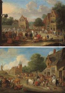 A Village Landscape With Figures And Livestock Outside A Tavern (+ A Village Landscape With Peasants And Their Livestock; Pair) by Theobald Michau