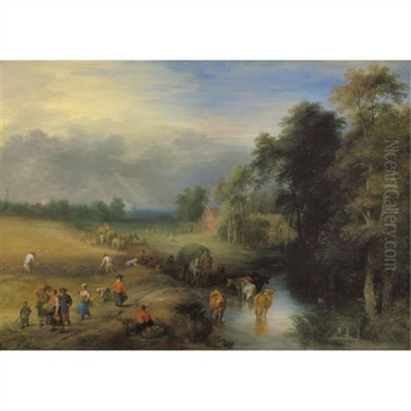 Landscape With Peasants Harvesting The Crop And A Herdsman Watering His Cows In A Passing Stream - view 1
