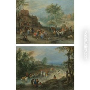 A Village Landscape With Figures Making Merry And Travellers Passing Through A Stream (+ A Wooded Landscape With Travellers And A Herdsman Watering His Herd; Pair) by Theobald Michau